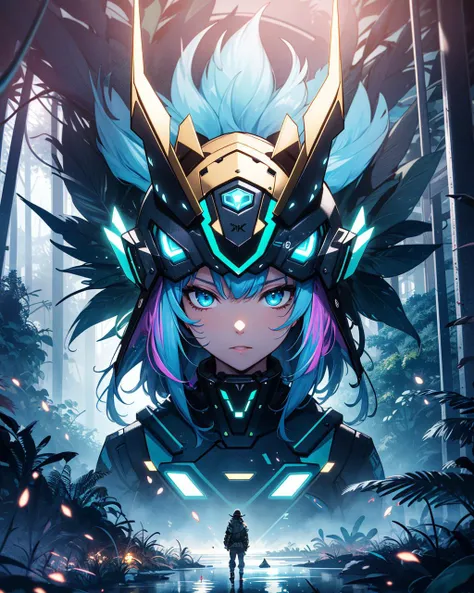 (masterpiece:1.1), (highest quality:1.1), (HDR:1.0), professional, hyper focus, extreme quality render, raytracing, (floating electric aura field), natural energy, unity cg, (official art), 1girl, golden hour, (neon:1.2), perfect lighting, wholesome, (iridescence:1.2), (extremely detailed CG:1.2), (8k wallpaper:1.2), medium hair, teal hair, (wet:0.8) tropical (jungle), (reflective:0.8), (metal:0.5), (contrast:0.8), comprehensive, static whiskers, scene, army sash, (animal ears:0.7), side helm, earnest, listening, cautionary, waiting, time stop
