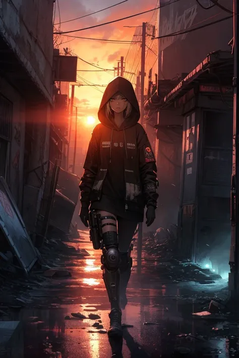Dystopian style (masterpiece, best quality), 1girl, cyberpunk, hoodie, neon, rain, sunset, outdoor urban street <lora:glimmer-locon:1> glimmer, . Bleak, post-apocalyptic, somber, dramatic, highly detailed