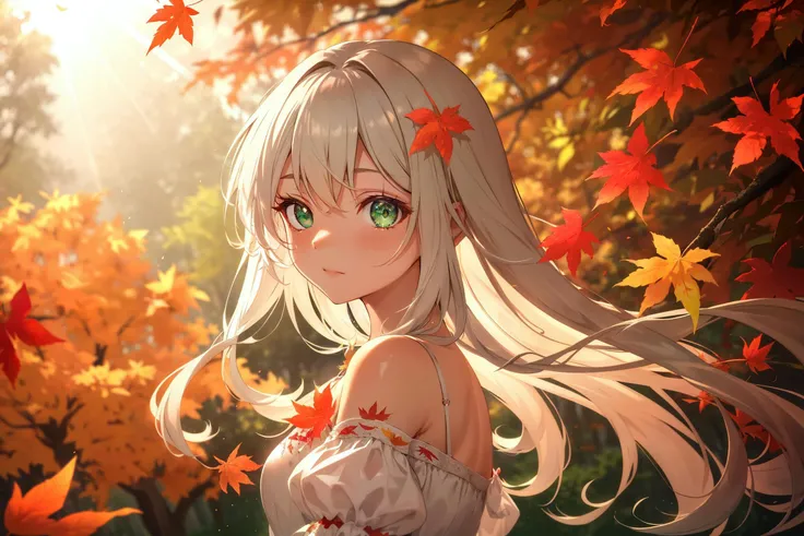 (masterpiece:1.2),best quality,extremely detailed,absurdres,highres,ultra detailed,(1girl:1.3),(leaves:1.4),kawaii,cute,elegant,child,
long hair,wavy hair,beautiful detailed eyes, sparkly eyes, close-up, face focus, flower dress, summer dress, layered dress, silk, pastel colors,gradient,blond_hair,white dress,tibbon,jewelry,embroidery, lace trim, green_leaves:1.3, intricate details, detached sleeves, puffy sleeves,
maple leaf:1.3,leaf hair ornament,autumn leaves,falling leaves,colorful leaves,aestheticism,tonalism,creative,sunlight,depth of field,strong light coming in light rays light sparkles lens flare,caustics, tree shade, light particles,(green_leaves, red leaves, yellow_leaves:1.2), blurry background,autumn forest background,colorful trees, autumn trees,bokeh,sunset,green theme,dynamic, motion blur,Dreamy, fantasy,