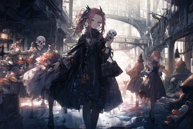 attractive mature redheaded banshee shopping in a bookstore, dress, smiling, holding shopping bags, messy ponytail, heels, goth, flowing embroidered scarf, lacy silk stockings, bare forehead, purse with skull motif
, best quality, masterpiece, intricate details, tfft, hair pulled back
, <lora:estheticGothicLolita_gothiclv1:0.6> <lora:tfftSidebangsHair_v1:1> <lora:bansheeWomenGhoul_v10:0.5>