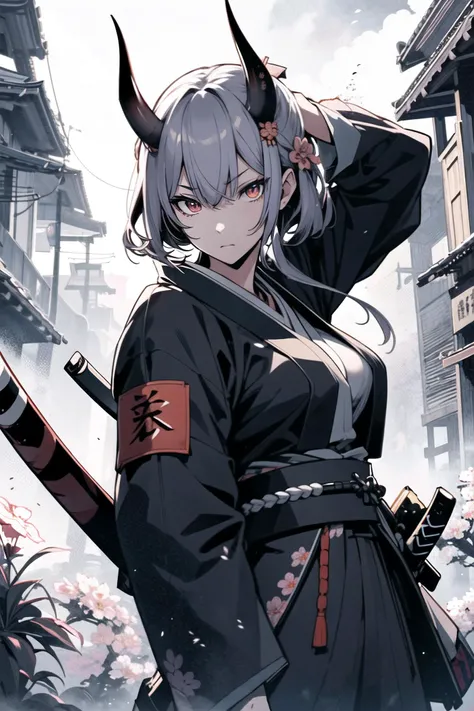girl,samurai,(traditional_media,illustration:1.2),flowers in hair,kimono,wielding katana,normal_breasts,(oni, horns, detailed_eyes), dynamic pose ,(masterpiece,detailed,highres,cinematic,atmospheric:1.2), (hotify:0.6)
