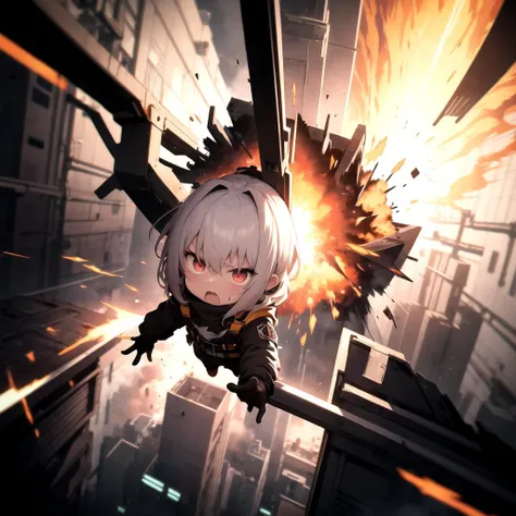 from above, explosion, chibi, scared, simple background, color drain, panicking,