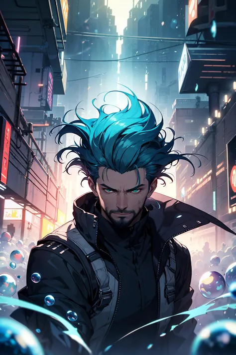 (realistic, cinematic digital artwork, masterpiece, colorful:1.3),
(1man, wrinkled face, old male:1.2), frail, green eyes, chestnut hair, fade with beard,
portrait, solo, half shot, looking down, detailed background, detailed face, (1980s futuristic synthwave, bladerunner theme:1.1), bubble-mage, walking, blue mage robes, surrounded by magical bubbles, floating orbs, large bubbles, wisps of magic, floating sparkling particles, transclucent, glowing bubbles, swirling bubbles, mystical, bubbles in background, dazzling colors, bright lighting, ethereal atmosphere,