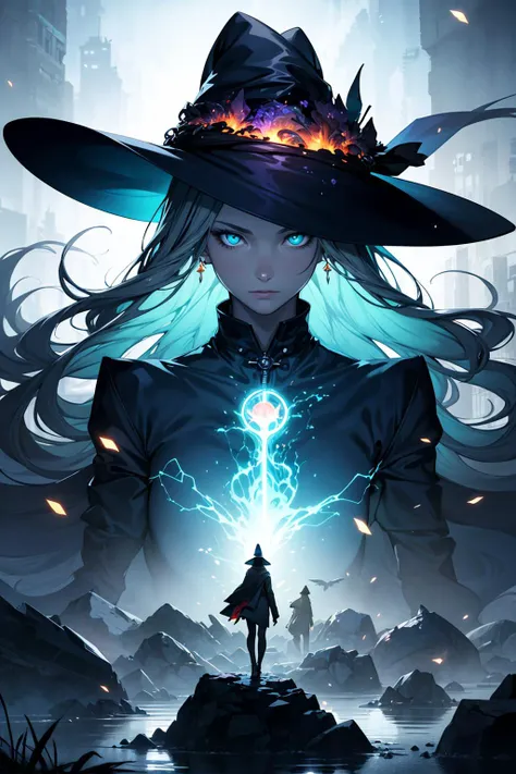 (realistic, cinematic digital artwork, masterpiece, colorful:1.3),
1 girl, adult (elven:0.7) woman, turquoise eyes, light brown ringlets hair,
portrait, looking at viewer, solo, (full body:0.6), detailed background, ( (DarkFantasy:0.8) theme:1.1), witch hat, witch, magical atmosphere, hair flowing in the wind, red trimmed dark colored clothes, colorful glowing streams in the air, swirling portal, dark magic, (style-swirlmagic:0.8), floating particles, desolate battlefield background, backlighting, dim light,