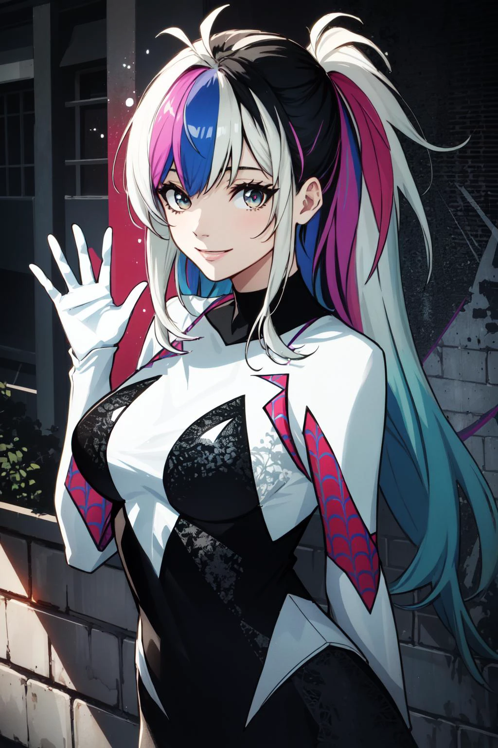 (masterpiece, best quality), intricate details, 8k, artstation, wallpaper, official art, splash art, sharp focus,
1girl, solo, <lora:spider_gwen:0.8> spider-gwen, bodysuit, wearing spider gwen costume,
<lora:EDGHAIRSALON_edgScene:1> with a edgScene hairstyle, multicolored hair, waving at camera, smile,