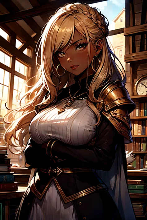 (high quality), (masterpiece), (detailed), 8K, Artwork, Alchemist with a black cat familiar, divine, Extracting a volatile oil from a rare plant, A cozy bookshop filled with ancient tomes and spellbooks , Kastenbrust Armor, Visionary, Tall, Narrow Hips, Round Face, Olive Skin, Gray Hair, Blue Eyes with Green Flecks, Short Nose, Pouty Lips, Round Chin, Shoulder-Length Hair, Coarse Hair, High Bun, natural breasts, Stud earrings, mauve, velvet lipstick, A thriving port town teeming with seafarers and their galleys, with hair Loose Spiral Curls,wearing bold, Elaborate strophium with intricate pleating and decorative accents, Charmer, Tall, Slim, Round Face, Olive Skin, Red Hair, light blue Eyes, Short Nose, Full Lips, Sharp Chin, Long Hair, Thick Hair, Tousled Waves, large breasts, Threader earrings, black stain lipstick, Spiraling tower with intricate carvings, rising towards the celestial realm