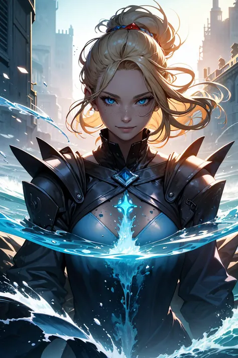 (realistic, cinematic digital artwork, masterpiece, colorful:1.3),
1 girl, adult woman, freckles, coral eyes, blonde updo hairstyle,
solo, upper body, looking at viewer, detailed background, detailed face, (high fantasy medieval theme:1.1), elemental water sorcerer, surrounded by swirling water, <lora:WatervfxCreateMore_v1:0.4> water floating, fantasy sorcerer clothes, dynamic pose, floating particles, smiling, mystical dynamic, water, lake in background, shore, epic atmosphere,