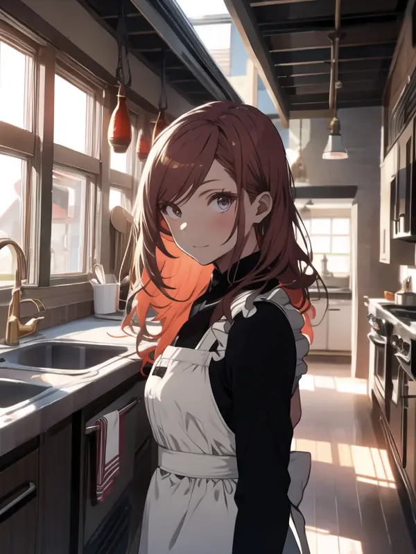 1 girl, maid, [red hair:blond hair:0.5], at kitchen