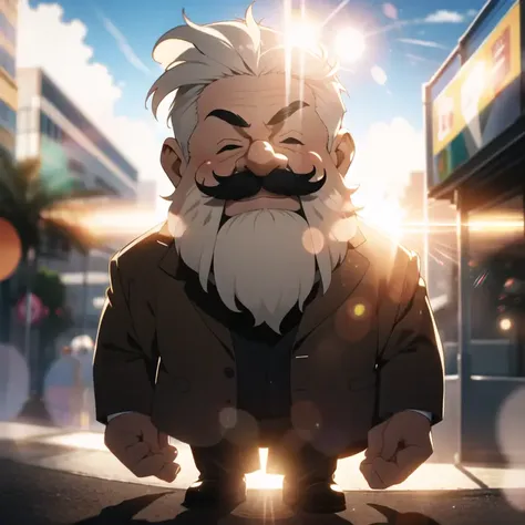 an old man, upper body, long intricate mustache, huge Laughing, <hypernet:sxzCinematic_800StrongEnough:0.45>, sun glare, bokeh, depth of field, blurry background, light particles, full body, chibi