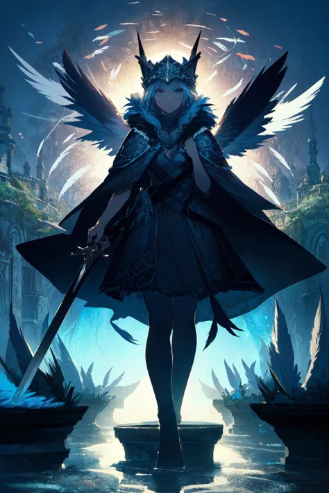 1girl, valkyrie, feathered wings, wearing ornate viking clothes, sitting knees up, horned helmet, (darkness, dark background:1.3), fur trim, holding a short sword with her hand on the handle, a feeling of triumph, (feathers floating around her in a magical vortex:1.2), majestic, imposing beauty, (standing atop the battlements:1.05) a night, fantasy setting, dnd, d&d, beautiful 8k wallpaper, superb, extremely detailed, intricate, (artistic brush strokes:1.2) <lora:fix_14:0.85>