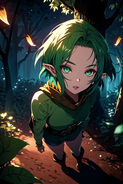 1girl, (green hair:1.1), short hair, pointy ears, wearing a green (tunic:1.2) and shorts, (illustration:1.1), highres, (extremely detailed CG unity 8k wallpaper:1.1), (midshot:1.1), (fullbody:1.25), (solo:1.2), plant, tree, (beautiful eyes:1.15), green boots, leaves swirling around the girl, wariza, leaning against tree at night, blue_eyes, (beautiful face:1.15), (((flat background))), (fireflies:1.1), parted lips, highly detailed face, ultra realistic, masterpiece, best quality, the legend of zelda, bokeh, extremely detailed, intricate