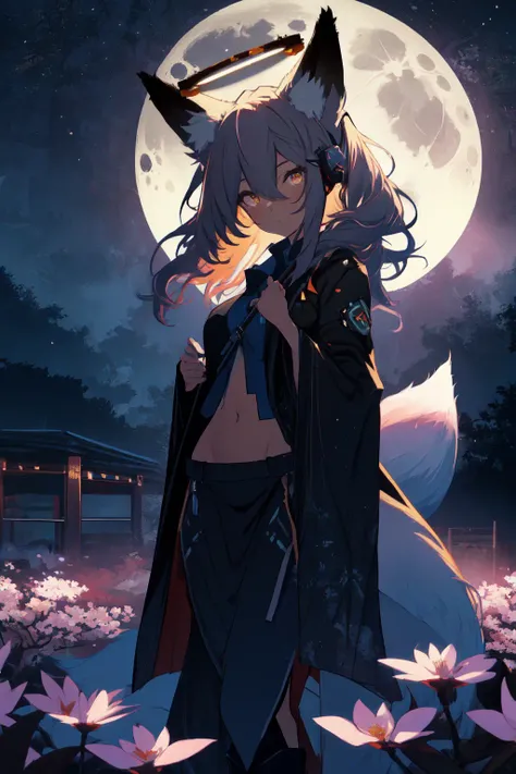 a highly detailed painting of, (detailed background:1.1), an girl, (fox ears:1.3), (fox tail:1.2), (halo:1.25), (head tilt:1.1), black footwear, blue shirt, cropped shirt, (holding staff:1.15), grey hair, hair between eyes, knee boots, looking at viewer, navel, orange eyes, (pelvic curtain:1.2), twin braids, wide sleeves, cherry blossoms, (outdoors:1.2), night, (full moon:1.1), darkness, dark mist, fog, beautiful 8k wallpaper, superb, masterpiece, best quality, extremely detailed, intricate, subsurface scattering, raytracing
