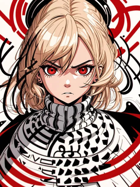 serious emotion, a girl, red eyes, blond hair, itricate hair, (upper body:1.1), white background, stripes, lines, sign
<lora:Beizu:0.7>, Beizu