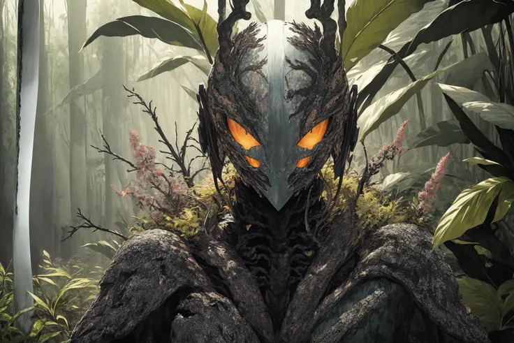 (upper body shot), (hiding in bushes and hunting:1.3), (half-open helmet:1.2), (combat pose with a knife:1.3), cordyceps infection,, OrganicBiomArt, girl wearing heavy insect armor, <lora:MoreDetail:1>, infinite fractal, abstract dream, wild, complex, absurdres, (extremely detailed:1.6), photorealism, sharp focus, (masterpiece:1.4), 4k octane render, (vibrant colors:1.2)