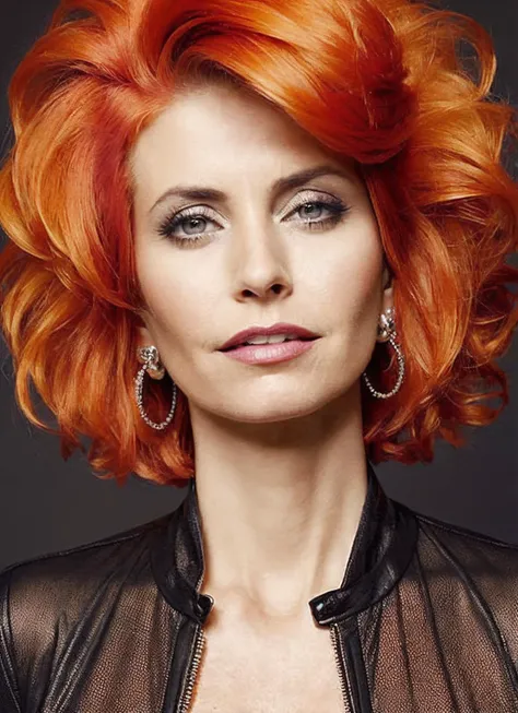 portrait of sks woman by Flora Borsi, style by Flora Borsi, bold, bright colours, orange Mohawk haircut, ((Flora Borsi)), <lora:locon_courtney_v1_from_v1_64_32:1.3>