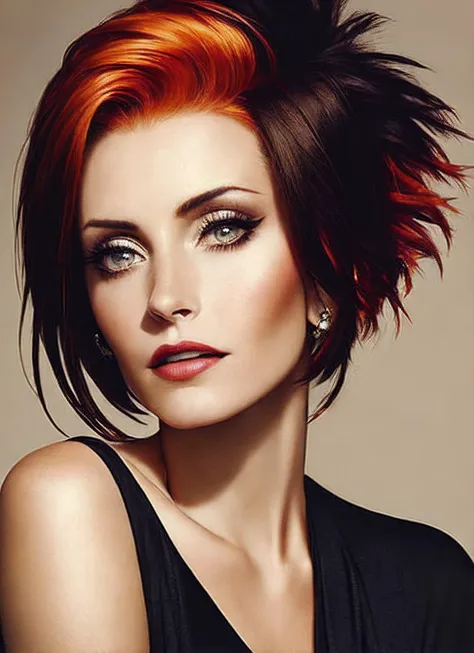 modelshoot style, portrait of sks woman by Flora Borsi, style by Flora Borsi, bold, bright colours, orange Mohawk haircut, ((Flora Borsi)), <lora:locon_courtney_v1_from_v1_64_32:1.3>