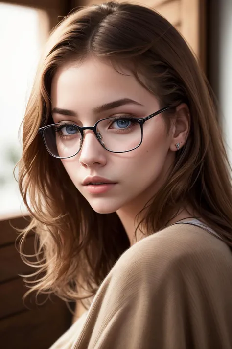 A photo of emb-babs, as a beautiful woman in a thick sweater, wearing stylish glasses, in a ski cabin, (looking at the camera), photoshoot style, seductive expression, 8k HD, RAW, dslr, perfect features, flawless skin, skin pores, professional, masterpiece, (photorealistic:1.4), detailed, intricate, high resolution, detailed background, fcDetailPortrait, epiCRealism, OverallDetail.