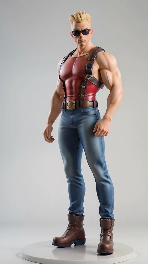 <lora:dukenukem:0.7> 1man, nukem, muscled, bold, as pvc figure, red top, blue denim, brown boots, sunglasses, looking at viewer, ultra realistic digital art, a 3D render, photorealism, clean scene, white background, shinny floor, white floor, circular stand, high detailed, masterpiece, <lora:Sexy-Figures:1>