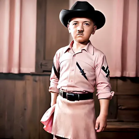 masterpiece,highres,
photo of boy, (adolfhitler:1.1), standing, cute, realistic, (wearing pink dress:1.3), detailed eyes, cowboy shot,
black background, stars,
<lora:adolfDiffusion_adolfDiffusion:0.8>