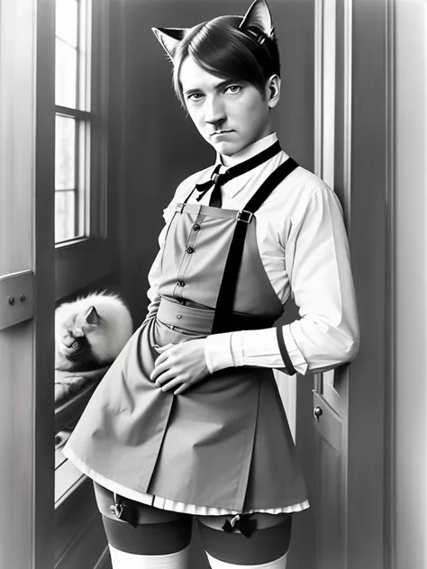 a portrait of a maid catboy, looking at the viewer, blush, androgynous,  flat, (cat ears, cat tail:1.2), full body, soft light, photo of adolfhitler, apron, stockings,  <lora:adolfDiffusion_adolfDiffusion:0.7>