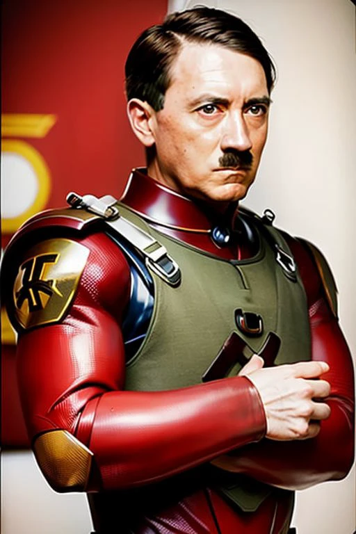 RAW photo, photo of AdolfHitler, in color, wearing Iron Man suit, (high detailed skin:1.2), 8k uhd, dslr, high quality, intricate detail, <lora:Adolf-Diffusion:1>