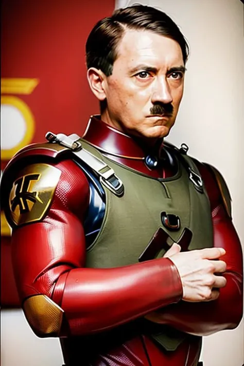 RAW photo, photo of AdolfHitler, in color, wearing Iron Man suit, (high detailed skin:1.2), 8k uhd, dslr, high quality, intricate detail,  <lora:Adolf-Diffusion:1>