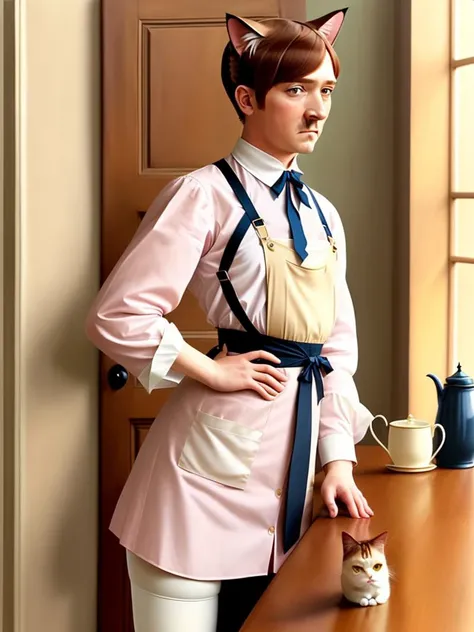 a portrait of a maid catboy, looking at the viewer, (blush:1.2), androgynous,  flat, (cat ears, cat tail:1.2), full body, soft light, photo of adolfhitler, apron, stockings,  <lora:adolfDiffusion_adolfDiffusion:0.7>, in color