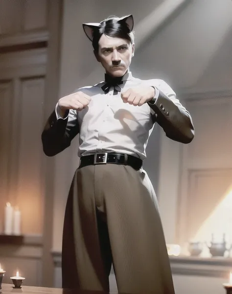 photorealistic photo of a handsome AdolfHitler, (((cat ears))), ((cat boy)), fully clothed, perfect face, handsome, realistic, (perfect composition:1.4), deviantart hd, artstation hd, concept art, detailed face and body, award-winning photography, margins, detailed face, detailed hands, ,backlight, 12k ultrarealistic, ray tracing, intense gaze, looking at the viewer, cinematic lighting, art by Grzegorz Rutkowski, embers, high fantasy background, action pose, hands up to 90 degrees, holding a small magic wand, water splash, misty, <lora:Adolf-Diffusion:1>