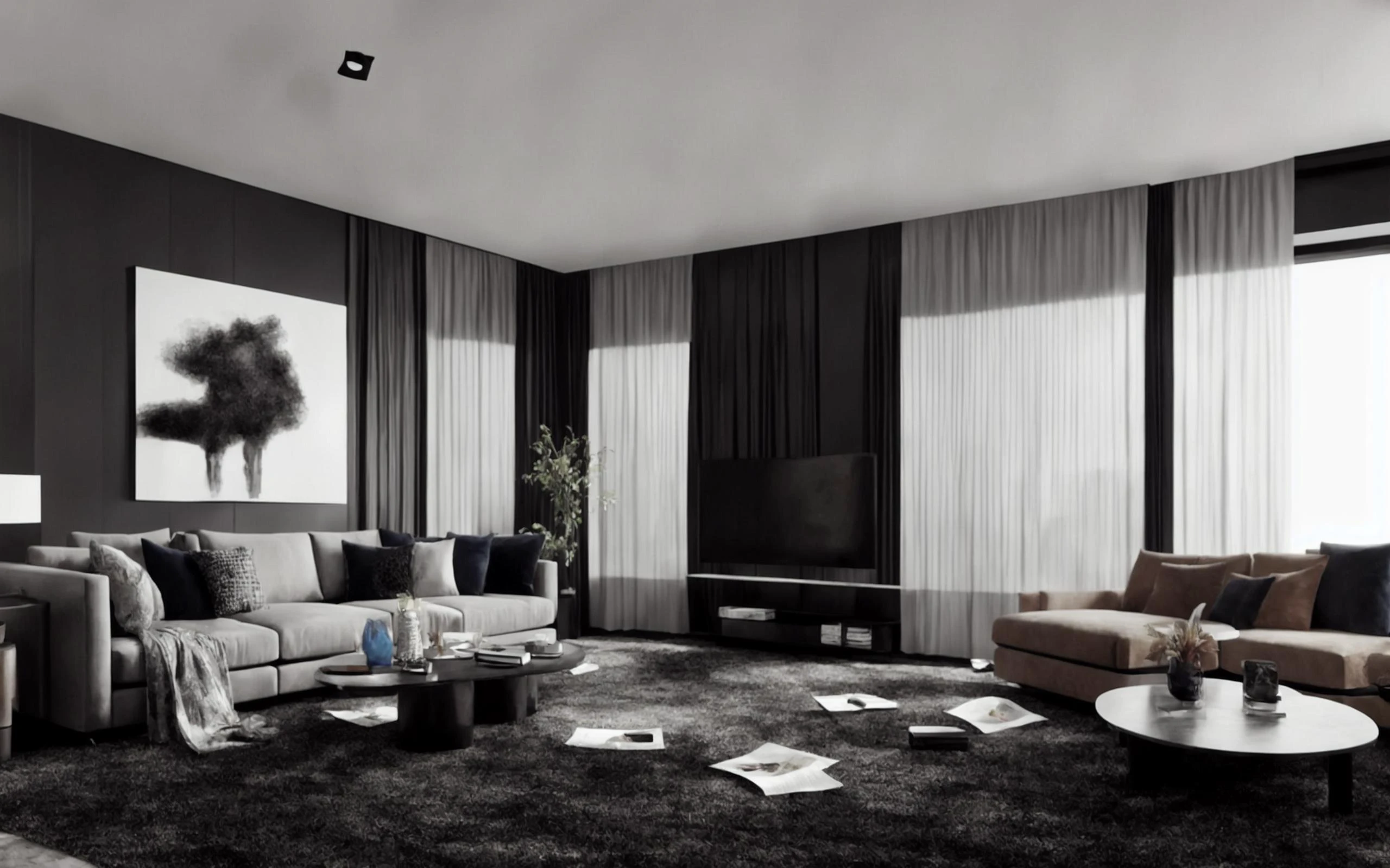 a living room with a couch, chair, table and a window with curtains on it and a rug on the floor, Cao Buxing, vray render, a 3D render, modern european ink painting, dark cinematic, Kodak RAW, 4k uhd image, maximalism, a stock photo, photorealism, OverallDetail-SDXL, extremely detailed, UHD,<lora:add-detail-xl:1>, <lora:xl_more_art-full_v1:0.5>, devils contract, bokeh, <lora:Cinematic Film:0.7>,Cinematic Film