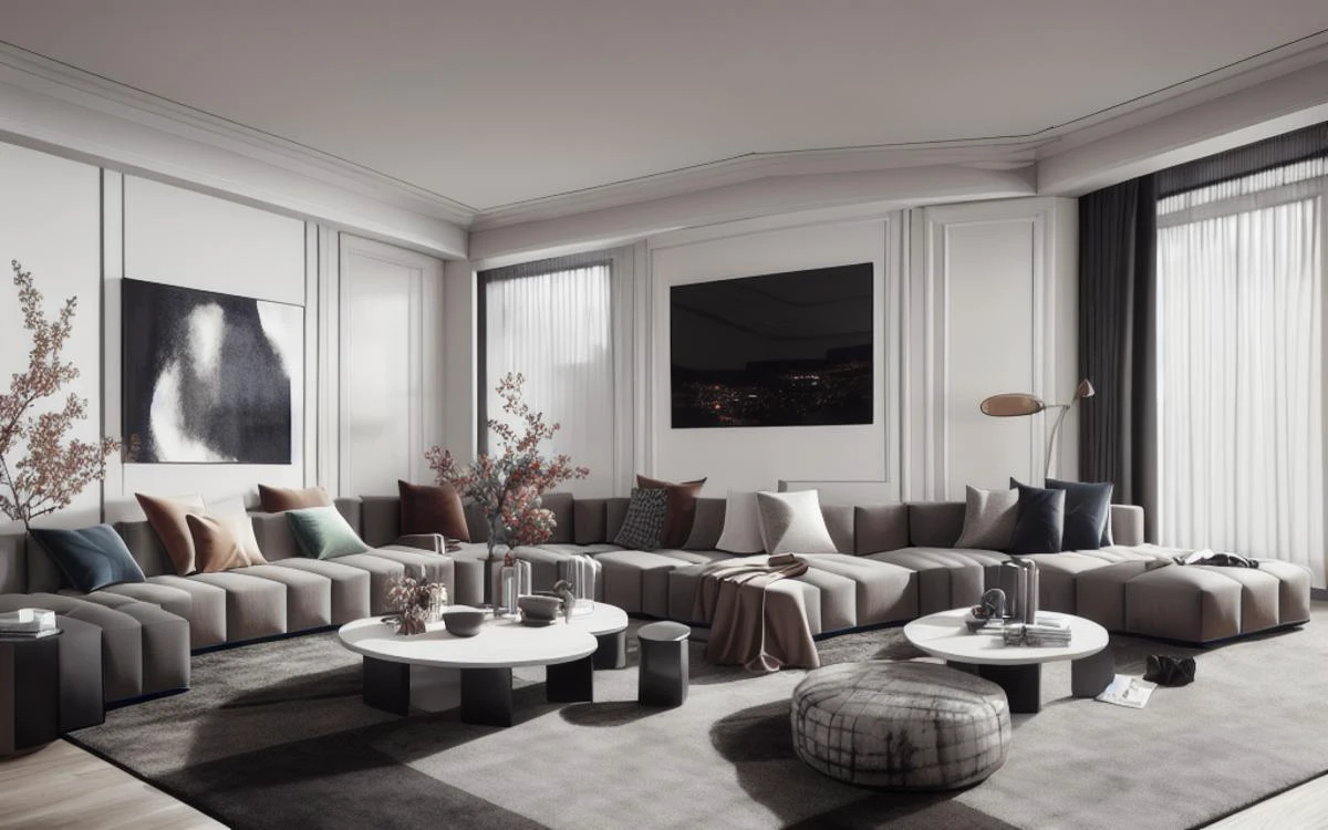 a living room with a couch, chair, table and a window with curtains on it and a rug on the floor, Cao Buxing, vray render, a 3D render, modern european ink painting,  <lora:xsarchitectural-7:0.4>