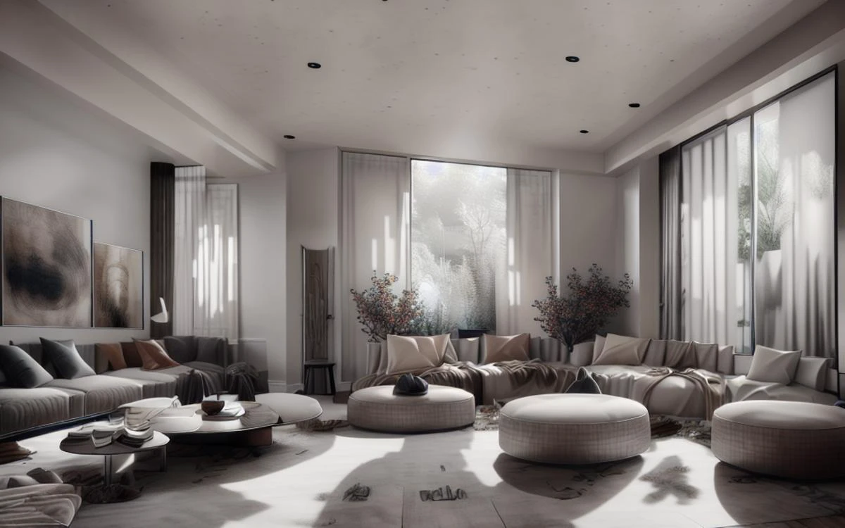 a living room with a couch, chair, table and a window with curtains on it and a rug on the floor, Cao Buxing, vray render, a 3D render, modern european ink painting, <lora:xsarchitectural-7:1>