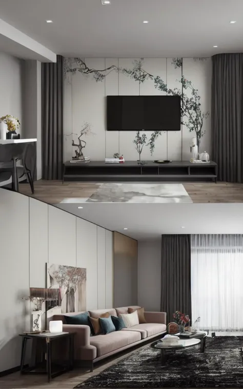 a living room with a couch, chair, table and a window with curtains on it and a rug on the floor, Cao Buxing, vray render, a 3D render, modern european ink painting, dark cinematic, Kodak RAW, 4k uhd image, maximalism, a stock photo, photorealism, OverallDetail-SDXL, extremely detailed, UHD,<lora:add-detail-xl:1>, <lora:xl_more_art-full_v1:0.5>, devils contract, bokeh, <lora:Cinematic Film:0.7>,Cinematic Film
