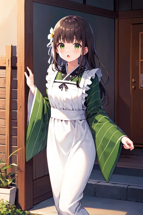 masterpiece, best quality, highres, aachiya, long hair, hair flower, hair ornament, japanese clothes, striped kimono, green kimono, long sleeves, wide sleeves, white apron, frilled apron, <lora:ujimatsu_chiya_1:0.7>, outdoors, walking. :o, cowboy shot