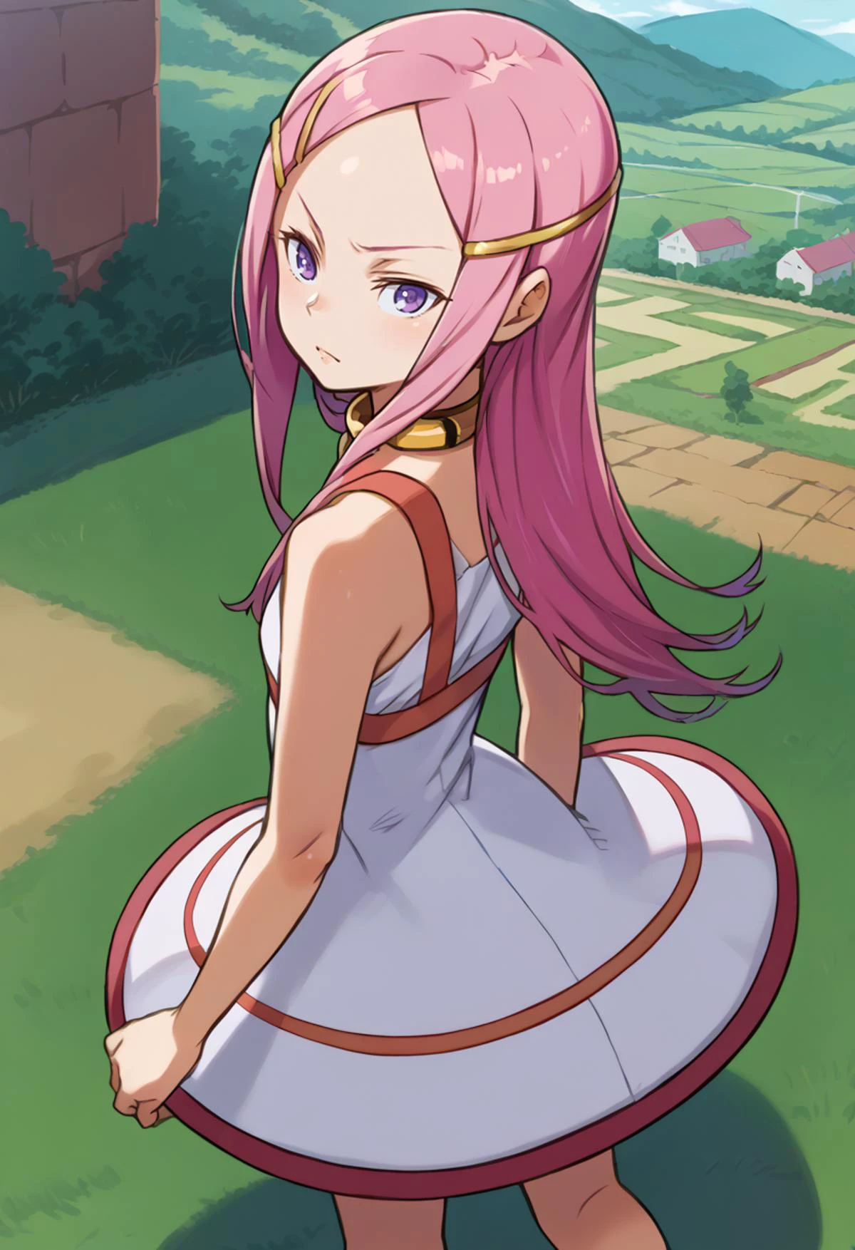 score_9, score_7_up, source_anime, solo, BREAK <lora:Anemone - Eureka Seven:1> AnemoneE7, long hair, pink hair, purple eyes, hair ornament, hairclip, collar, choker, neck ring, || white dress, single vertical stripe, <lora:kuroboshi_kouhaku_PonyXL_style_v01:1> looking back, outdoors,