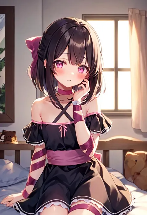 <lora:Shondo-LOHA-1megapix:1>normshondo, 1girl, arm ribbon, bangs, bare shoulders, indoors, bedroom, on bed, black dress, blush, brown hair, choker, jitome, criss-cross halter, flat chest, frilled dress, frills, hair bow, halterneck, hand on own cheek, hand on own face, hand up, leg ribbon, looking at viewer, medium hair, off-shoulder dress, petite, pink bow, pink choker, pink eyes, pink ribbon, ribbon choker, short dress, sidelocks, single thighhigh, sitting, solo, waist bow, wrist cuffs