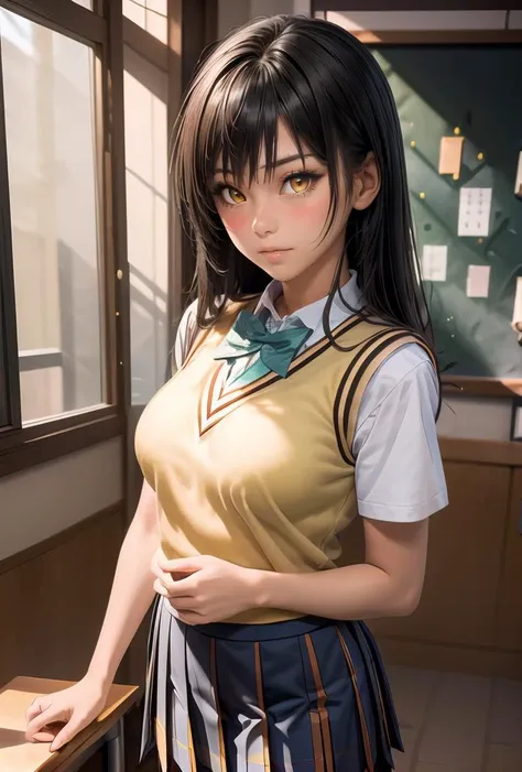 (masterpiece, best quality), 1girl,  <lora:å¤æå· å¯ Yui Kotegawa (To LOVE Ru):0.8> kotegawa_a, black hair, long hair, long bangs, brown eyes, large breasts,, bowtie, yellow school uniform, short sleeves, pleated skirt,