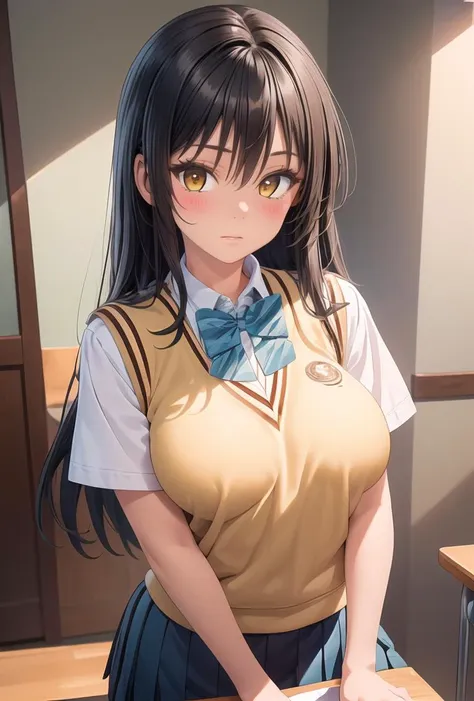 (masterpiece, best quality), 1girl,  <lora:å¤æå· å¯ Yui Kotegawa (To LOVE Ru):0.8> kotegawa_a, black hair, long hair, long bangs, brown eyes, large breasts,, bowtie, yellow school uniform, short sleeves, pleated skirt,