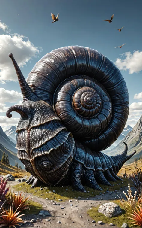 prehistoric surreal giant black snail, highly detailed, <lora:Enhanced_XL_V1:0.8>