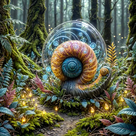 Fantasy luminescent glowing snail spiral, enchanting colors, photorealistic moss-covered forest floor, twinkling fairy lights and delicate ferns., <lora:add-detail-xl:0.6><lora:SDXLHighDetail_v5:0.5><lora:Enhanced_XL_V1:1.0>