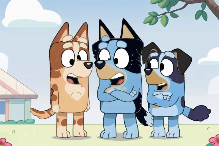 Bluey Style, open mouth, holding, animal ears, standing, tail, full body, flower, male focus, outdoors, food, multiple boys, sky, day, cloud, 1boy, 1girl, looking at another, black eyes, tree, blue sky, crossed arms, grass, holding heart, dog ears, furry, dog, dog tail, bush, furry male, balloon, cat boy, dog boy <lora:Bluey:0.7>