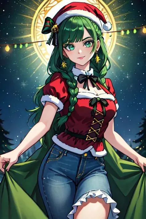 xmas gown, long skirt, denim jeans, office attire, frilly lines, victorian aesthetic, art by artgerm, LUT Like a movie, masterpiece, official art, GothchickXmas, best eyes, detailed eyes, detailed hair, best makeup