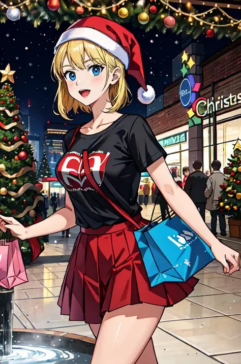 1girl, logo t-shirt, pleated skirt, shopping mall, crowd, shopping bags, storefront, christmas tree, santa claus, fountain
