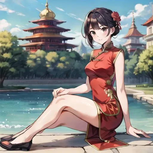 full body, Tan Rayon qipao, perfect face, with a oritental palace background<lora:add_detail:0.8>