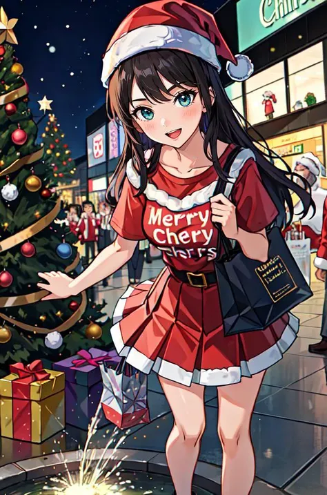 1girl, logo t-shirt, pleated skirt, shopping mall, crowd, shopping bags, storefront, christmas tree, santa claus, fountain