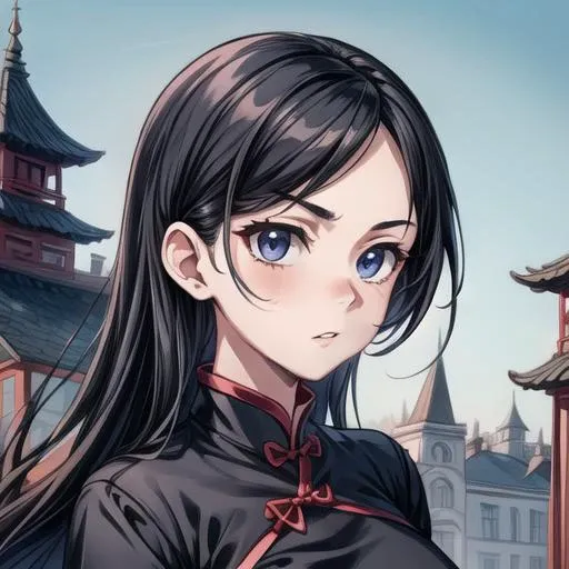 Eerie Black Nylon qipao, perfect face, bellewaifu, with a oritental palace background<lora:add_detail:1.15>