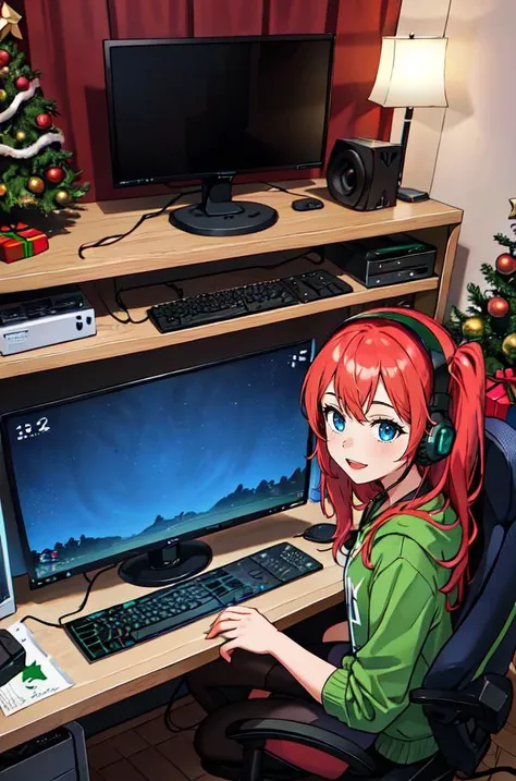 1girl, bedroom, desk, gamer chair, headset, monitor, pc, keyboard, streaming, rgb, Christmas tree