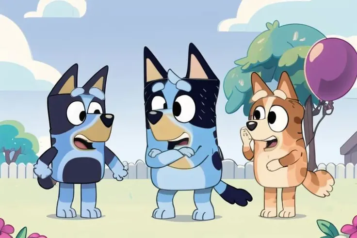 Bluey Style, open mouth, holding, animal ears, standing, tail, full body, flower, male focus, outdoors, food, multiple boys, sky, day, cloud, 1boy, 1girl, looking at another, black eyes, tree, blue sky, crossed arms, grass, holding heart, dog ears, furry, dog, dog tail, bush, furry male, balloon, cat boy, dog boy <lora:Bluey:0.7>