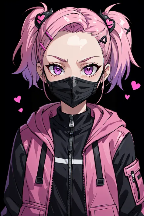 1girl, bangs, black background, black jacket, black mask, covered mouth, hair ornament, hairclip, heart, heart hair ornament, hood, jacket, long sleeves, looking at viewer, mask, mouth mask, multicolored hair, pink eyes, pink hair, purple eyes, purple hair, short hair, solo, twintails, upper body, zipper FemShortHair