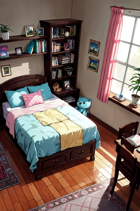 bed, bedroom, blanket, book, book stack, bookshelf, bottle, box, cabinet, canopy bed, carpet, chair, clock, curtains, desk, drawer, indoors, lamp, mirror, no humans, pillow, plant, rug, scenery, shelf, stuffed animal, stuffed toy, sunlight, table, window, wooden floor, pink theme, kawaii, cyberpunk, computer