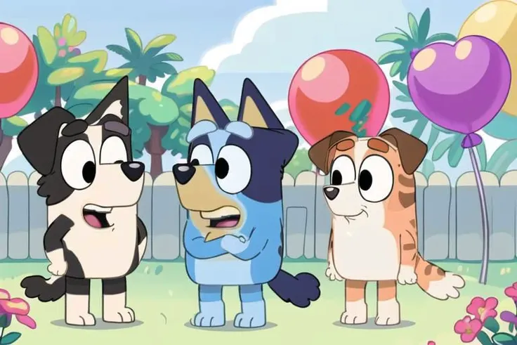 Bluey Style, open mouth, holding, animal ears, standing, tail, full body, flower, male focus, outdoors, food, multiple boys, sky, day, cloud, 1boy, 1girl, looking at another, black eyes, tree, blue sky, crossed arms, grass, holding heart, dog ears, furry, dog, dog tail, bush, furry male, balloon, cat boy, dog boy <lora:Bluey:0.7>